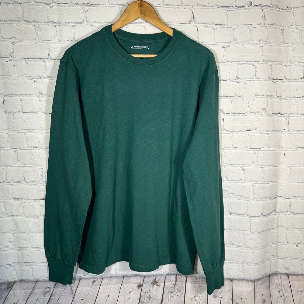 American Giant Mens Long Sleeve T-Shirt Green Cotton Crew Neck Made in USA L